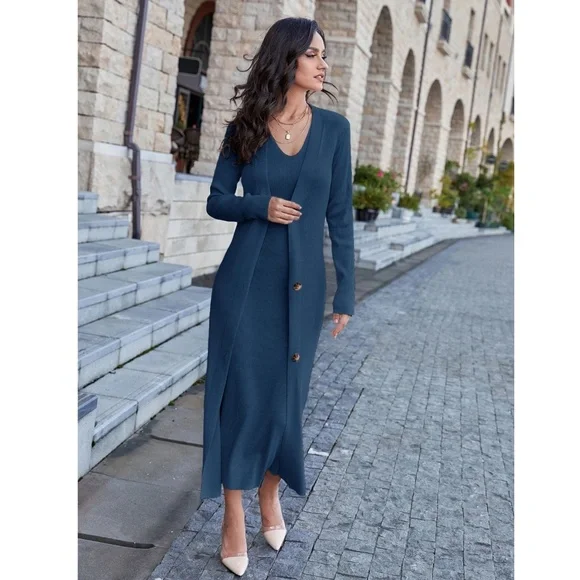 2 Piece Set: Knit Midi Pencil Dress and Long Cardigan Button Through - Picture 4 of 12